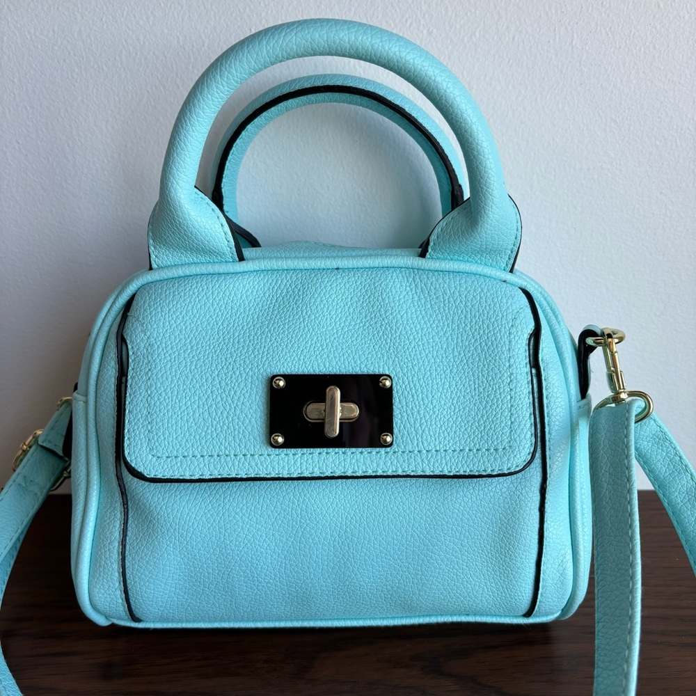 Small Light Blue Merona Crossbody Hand Bag Polka Dot Interior With Pockets